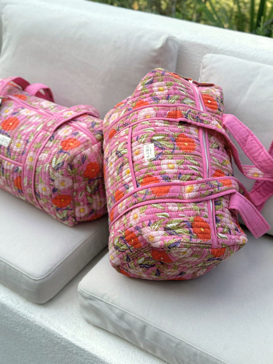 Grand sac week-end en blockprint fleuri rose 100% coton - Olympe Rosa