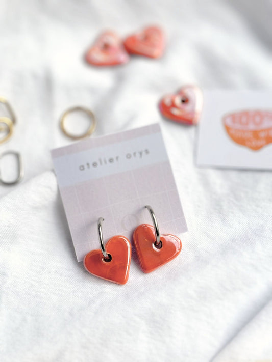 Créoles en céramique coeur orange, perles interchangeables