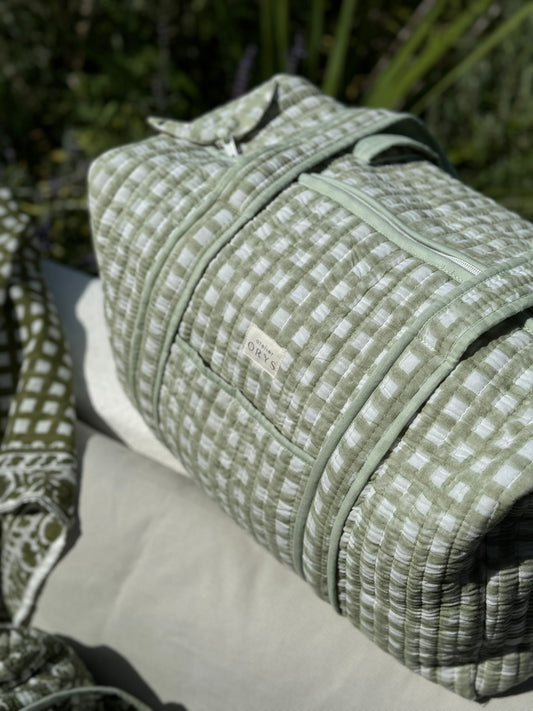 Grand sac week-end en blockprint vichy vert menthe, 100% coton - Ysé Menthe