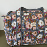 Sac week-end en block print fleuri 100% coton - Olympe Bleu encre
