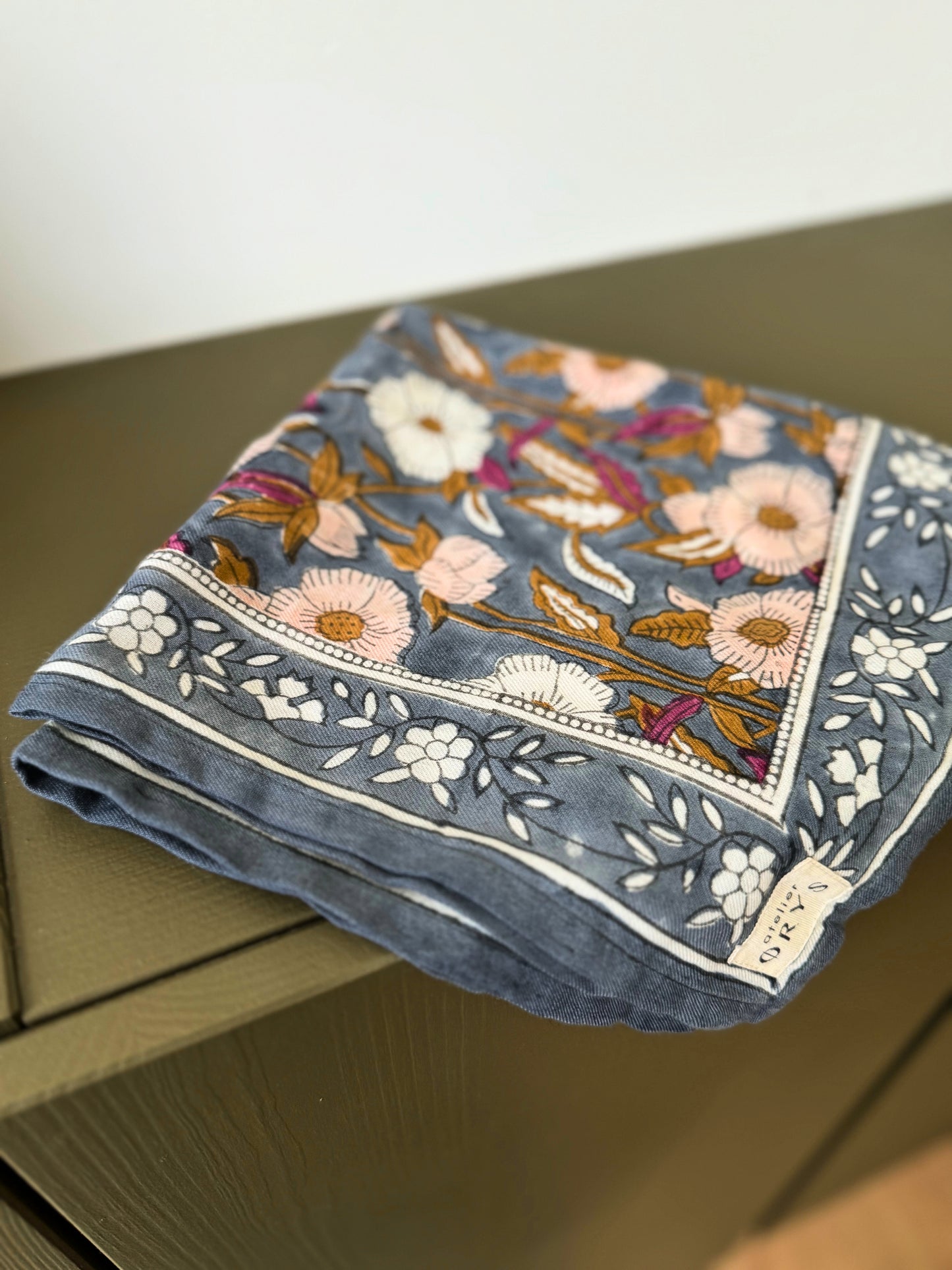 Petit foulard bandana tissu indien blockprint- Olympe Bleu encre