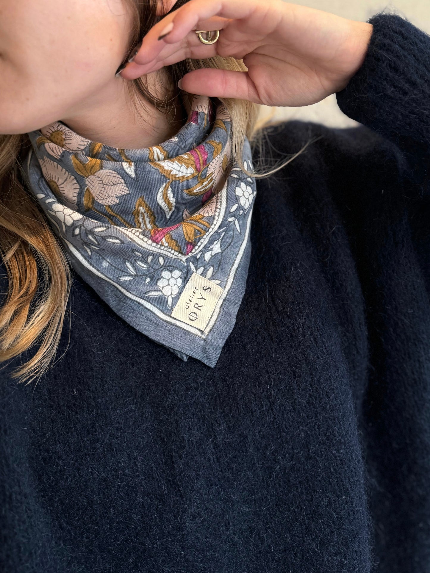 Petit foulard bandana tissu indien blockprint- Olympe Bleu encre