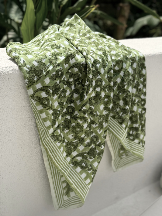 Grand foulard blockprint vert sauge - Bertille