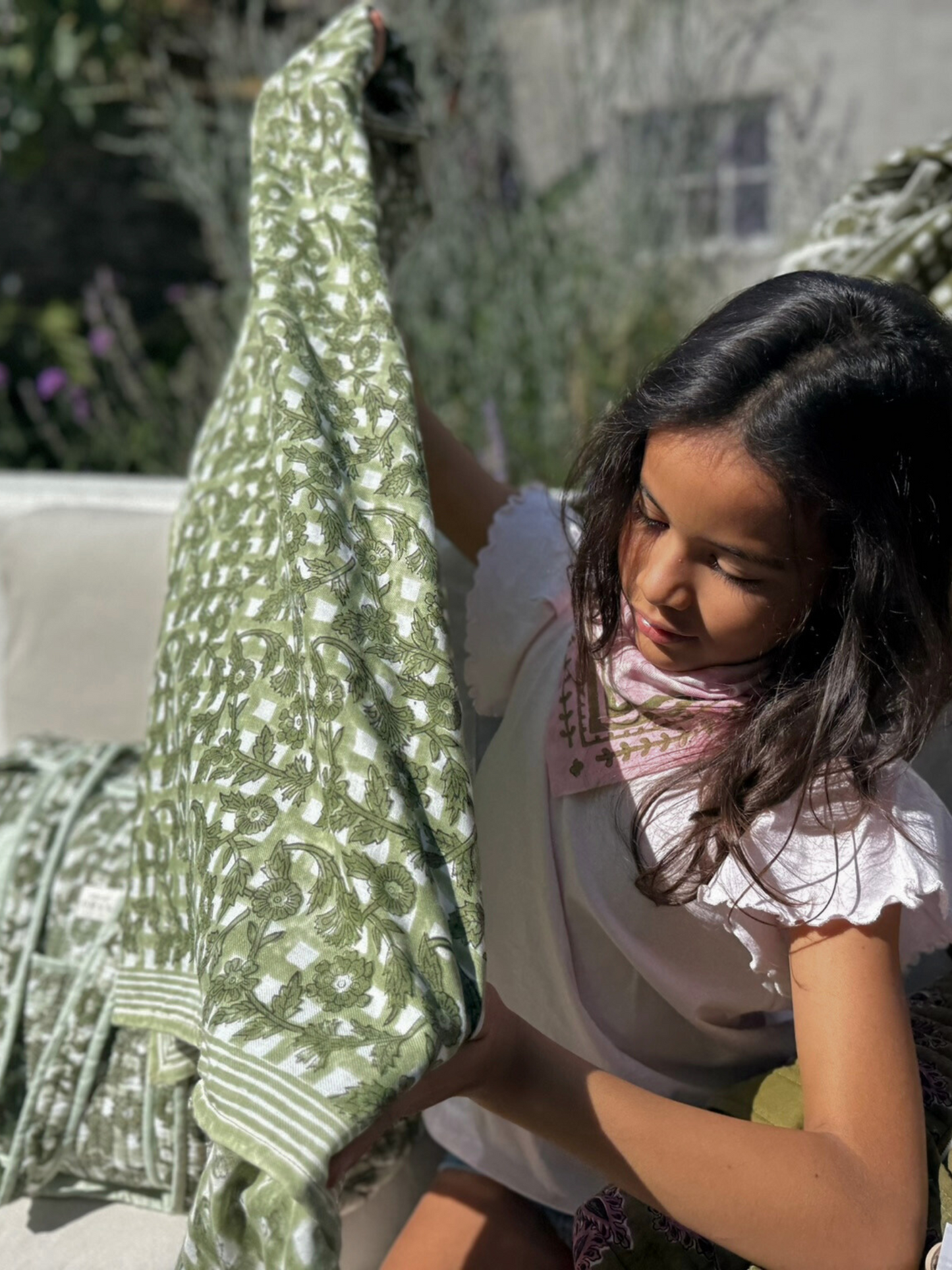 Grand foulard blockprint vert sauge - Bertille