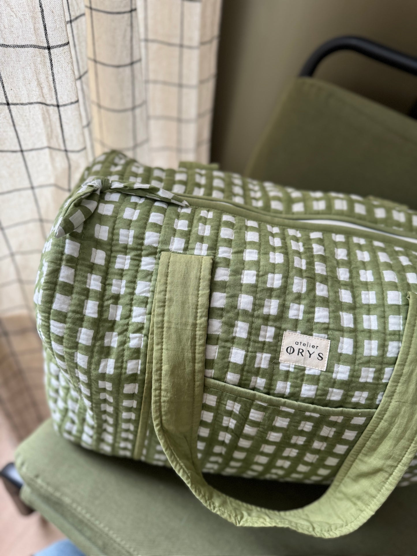 Grand sac week-end en blockprint vichy vert foncé, 100% coton - Ysé kaki