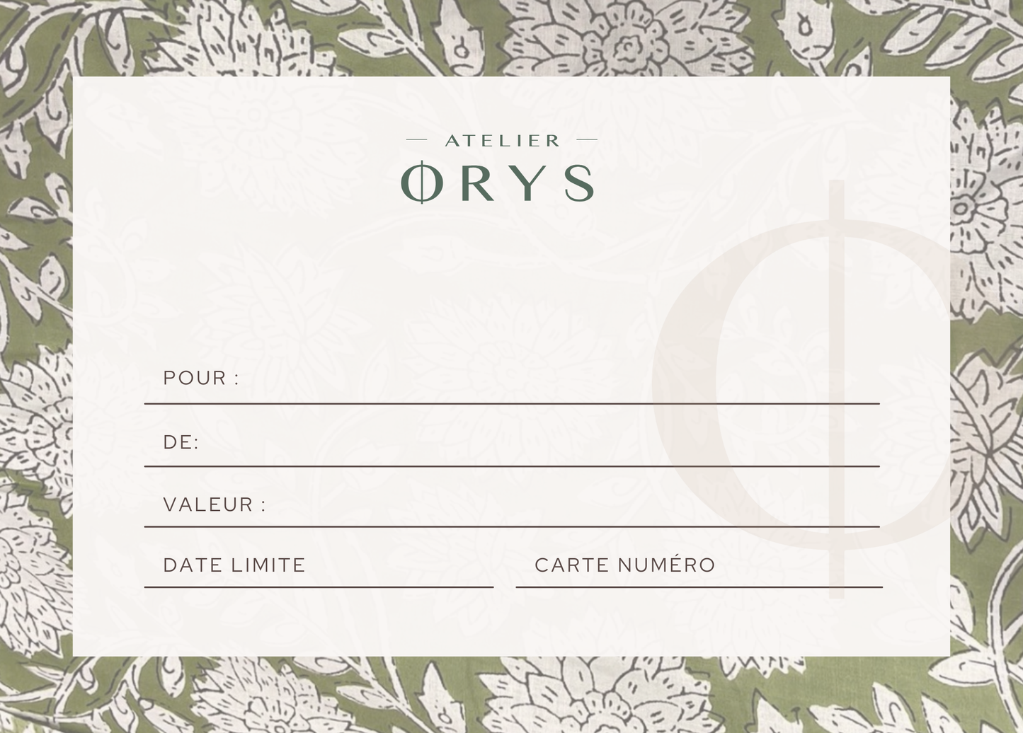 Bon cadeau Atelier Orys, format papier + enveloppe