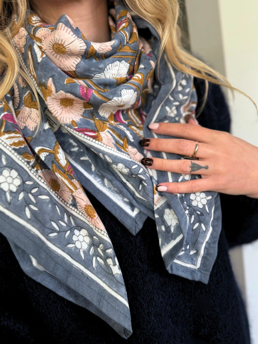 Grand foulard indien blockprint adulte - Olympe Bleu encre