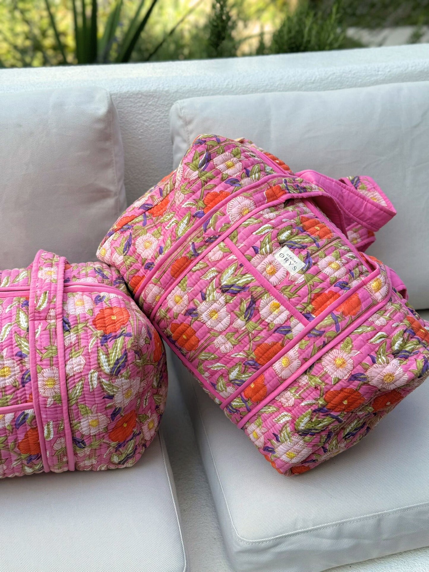 Grand sac week-end en blockprint fleuri rose 100% coton - Olympe Rosa