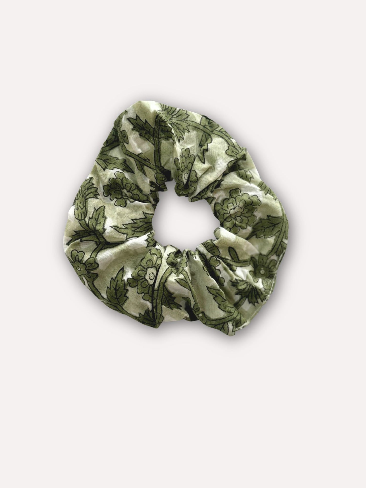 Chouchou scrunchie pour cheveux en tissu indien fleuri - Bertille sauge