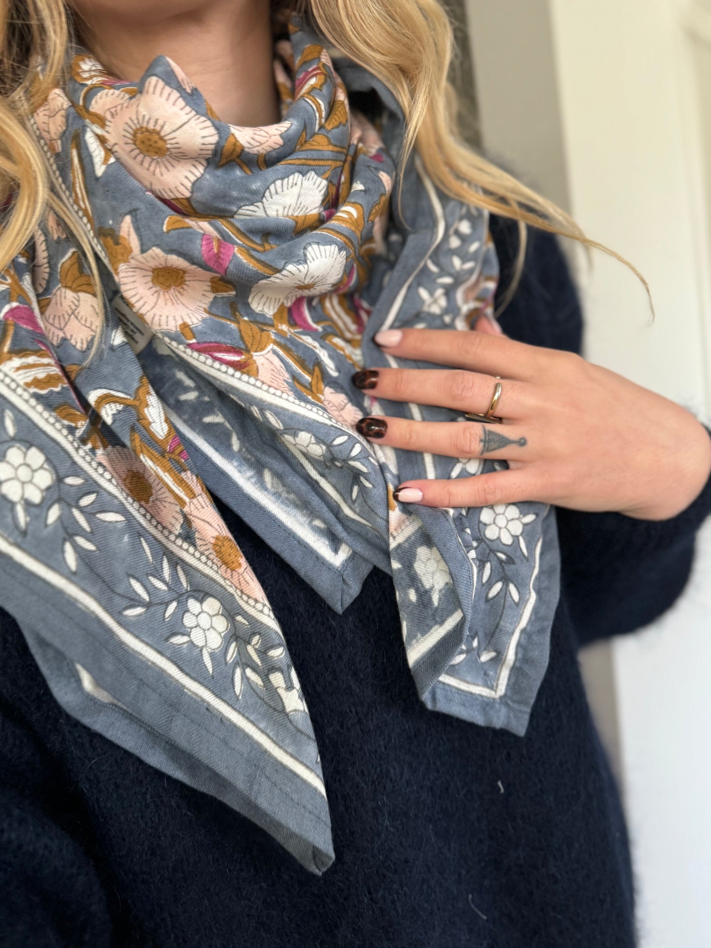 Grand foulard indien blockprint adulte - Olympe Bleu encre