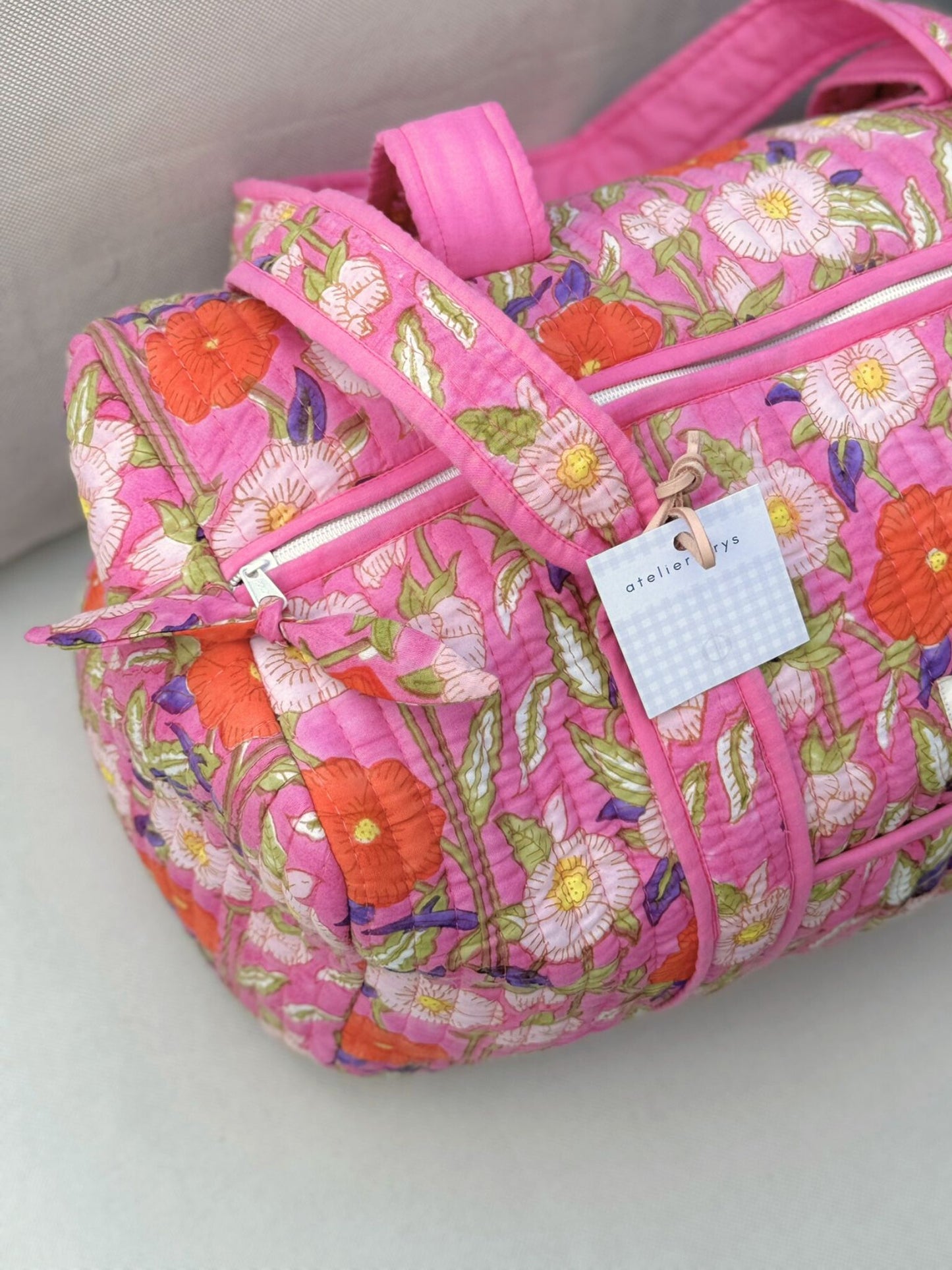 Grand sac week-end en blockprint fleuri rose 100% coton - Olympe Rosa