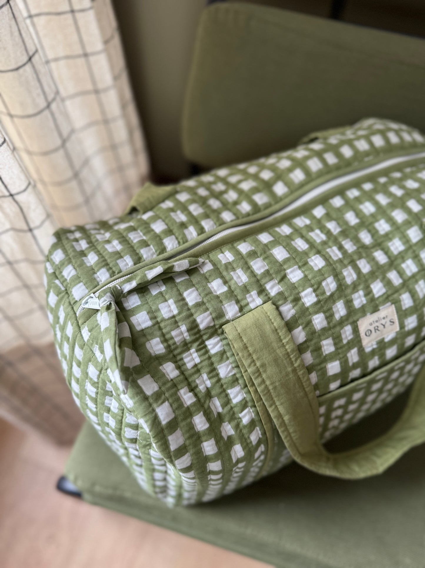 Grand sac week-end en blockprint vichy vert foncé, 100% coton - Ysé kaki