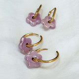 Boucles d'oreilles créoles fleurs lila, perles interchangeables