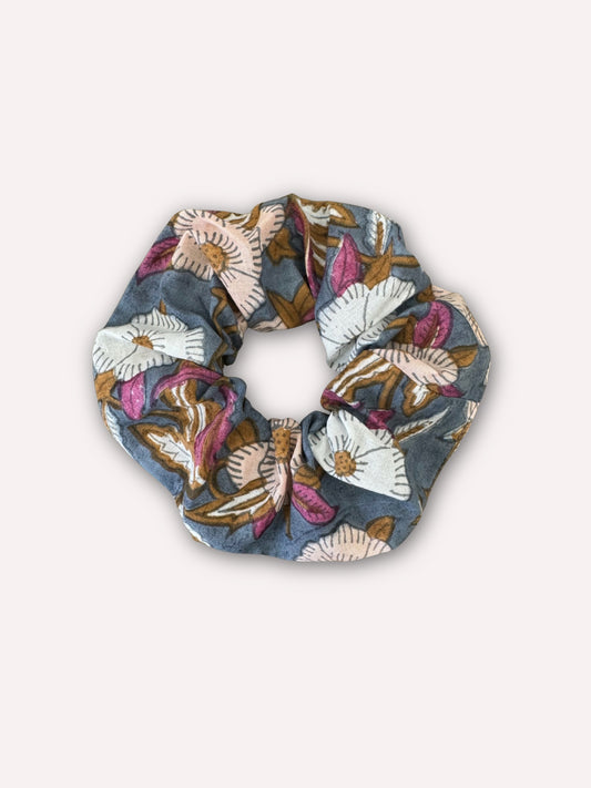 Chouchou Scrunchie à motifs fleurs bleues - Olympe Bleu encre