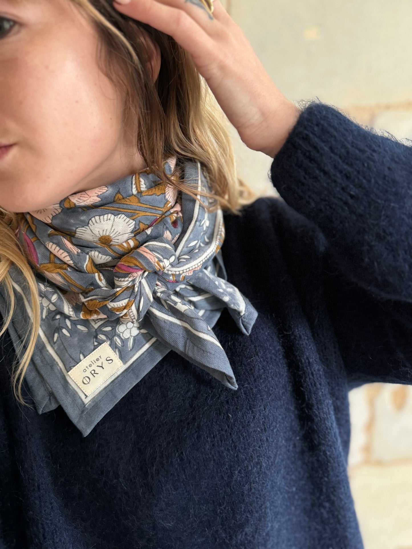 Grand foulard indien blockprint adulte - Olympe Bleu encre