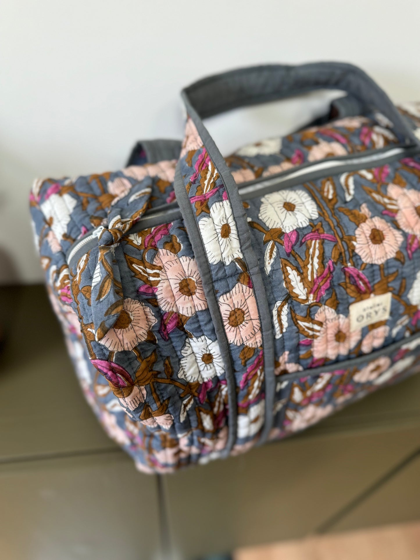 Grand sac week-end en blockprint fleuri bleu 100% coton - Olympe Bleu encre