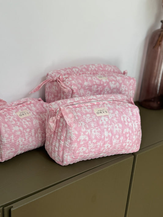 Jolie trousse de beauté ou de toilette, en coton matelassé motifs oiseaux rose - Calliste pinky bird