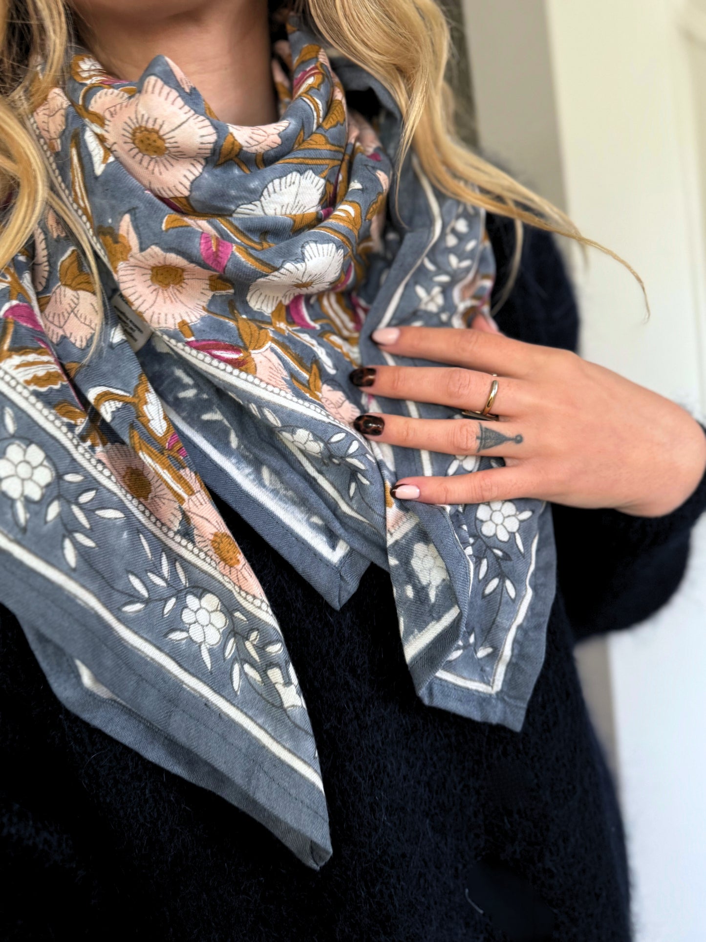 Grand foulard indien blockprint adulte - Olympe Bleu encre