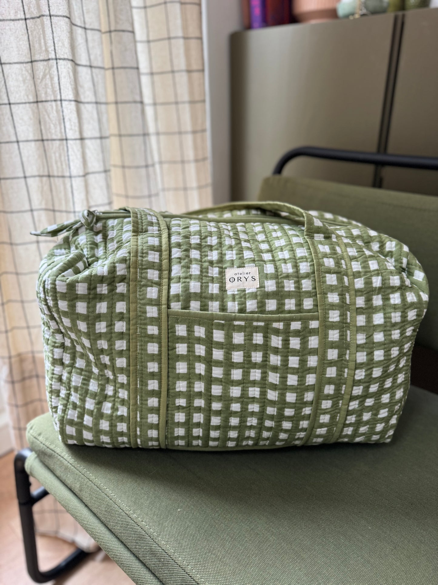 Grand sac week-end en blockprint vichy vert foncé, 100% coton - Ysé kaki