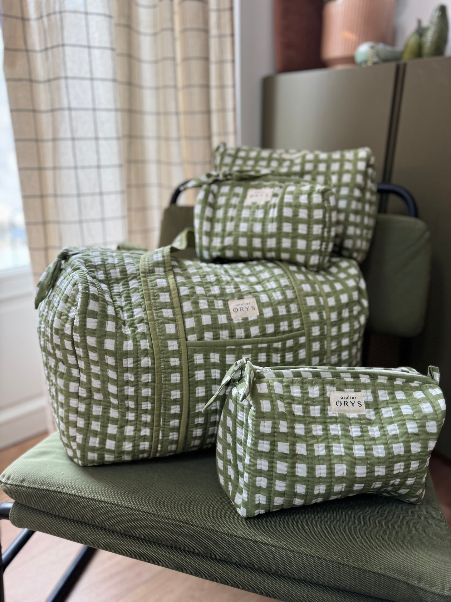 Grand sac week-end en blockprint vichy vert foncé, 100% coton - Ysé kaki