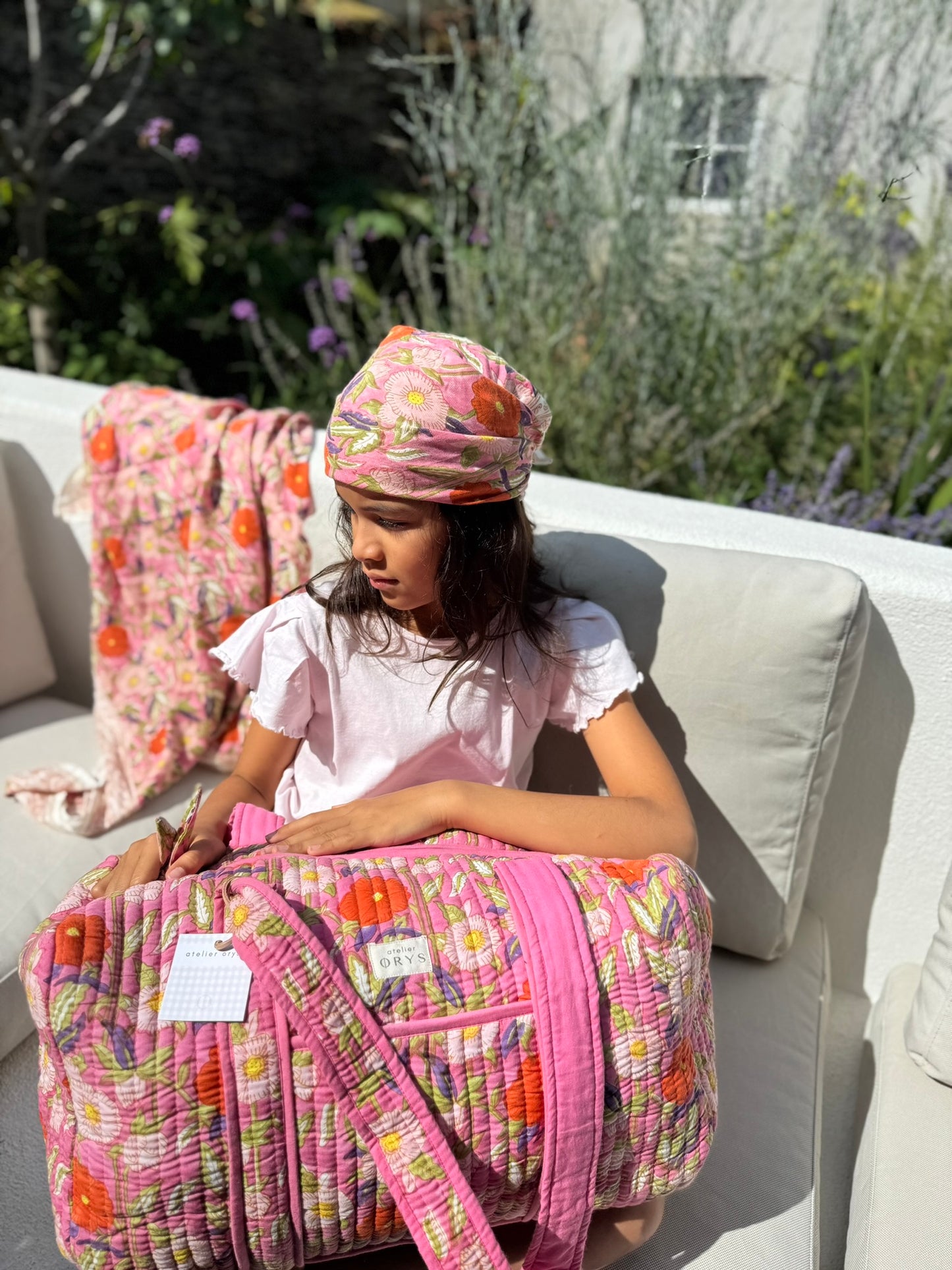 Grand sac week-end en blockprint fleuri rose 100% coton - Olympe Rosa
