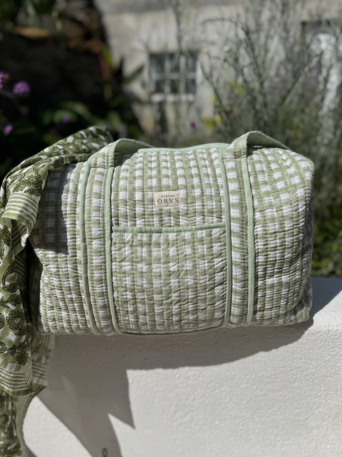 Grand sac week-end en blockprint vichy vert menthe, 100% coton - Ysé Menthe