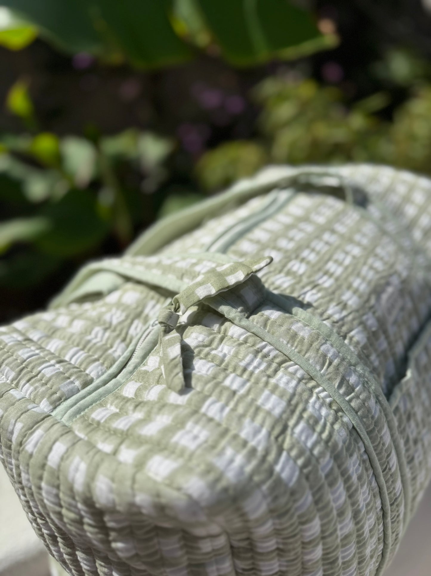 Grand sac week-end en blockprint vichy vert menthe, 100% coton - Ysé Menthe