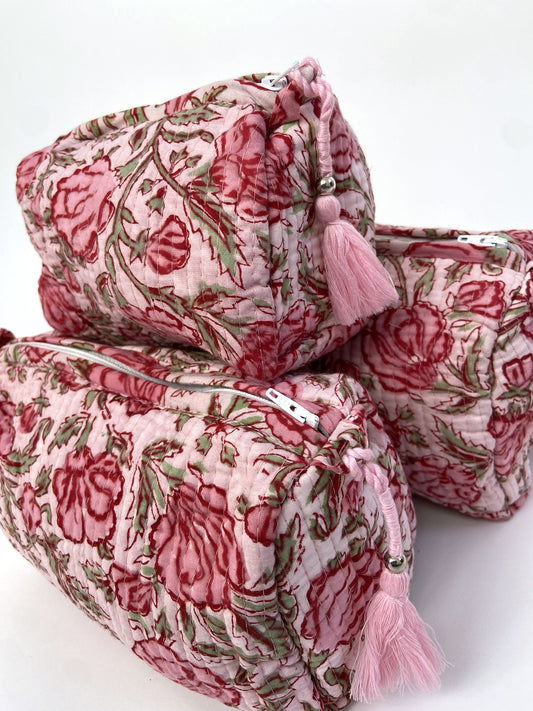 Toiletry bag with Indian floral patterns, pink poppy