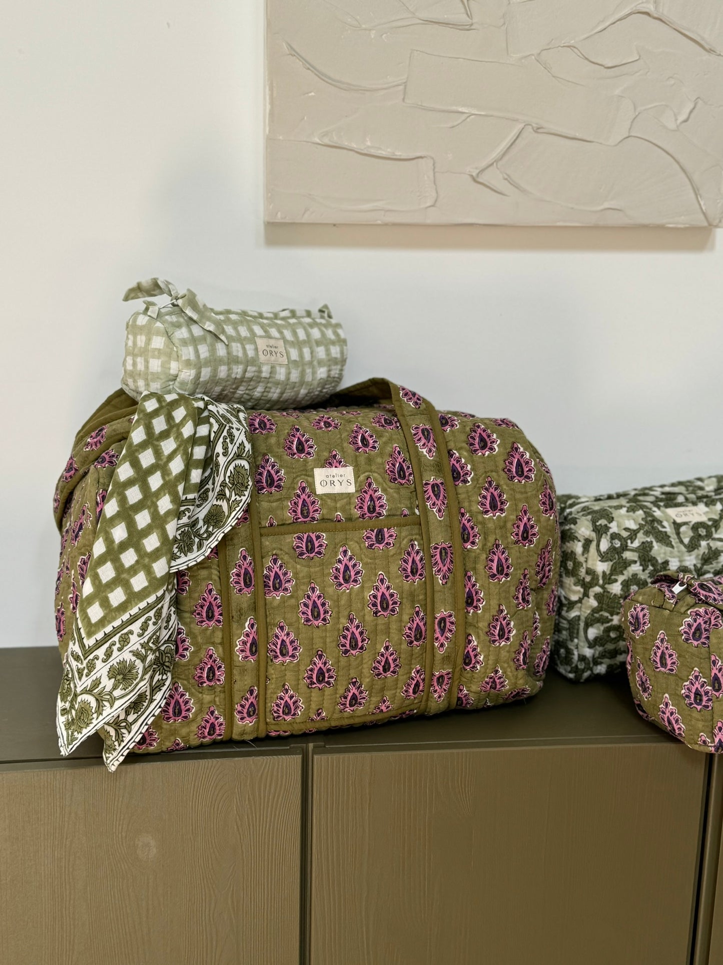 Grand sac week-end en blockprint indien 100% coton kaki et pourpre - Carmen