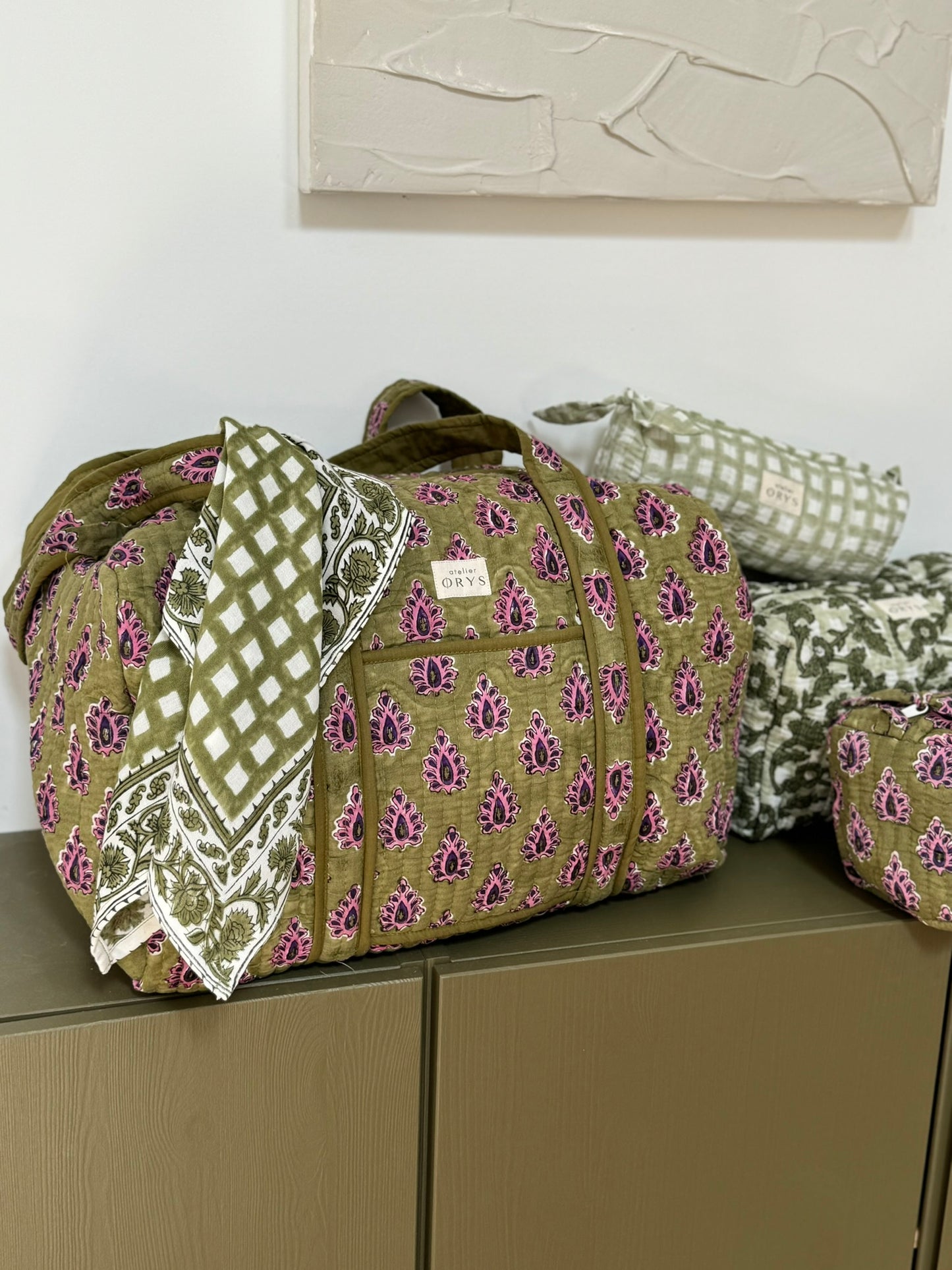 Grand sac week-end en blockprint indien 100% coton kaki et pourpre - Carmen