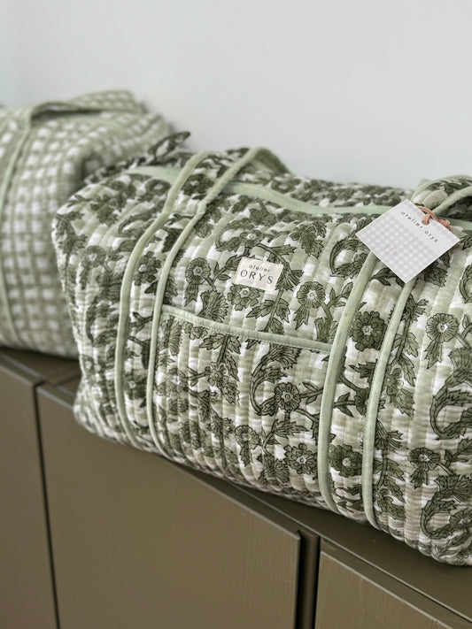 Grand sac week-end en tissu indien fleuri vert sauge - Bertille