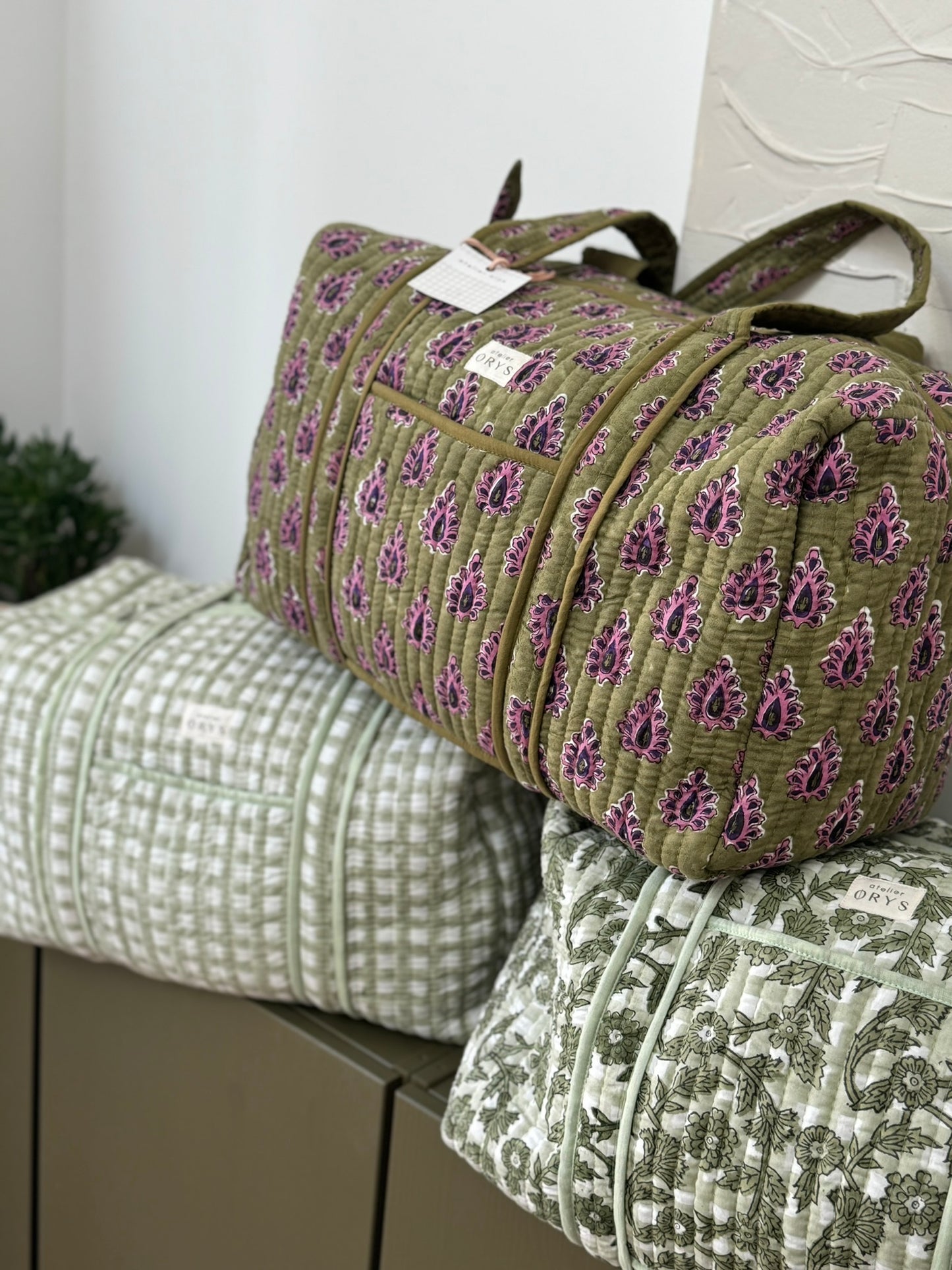 Grand sac week-end en blockprint indien 100% coton kaki et pourpre - Carmen