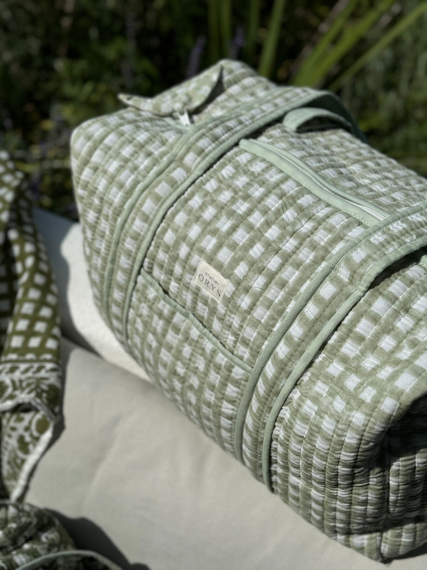 Grand sac week-end en blockprint vichy vert menthe, 100% coton - Ysé Menthe