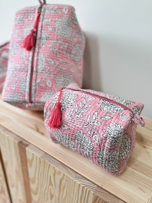 Grande ou petite trousse de beauté en coton matelassé indien, Blockprint rose bonbon