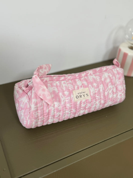 Trousse à crayons matelassée en tissu Indien blockprint, motif oiseaux roses