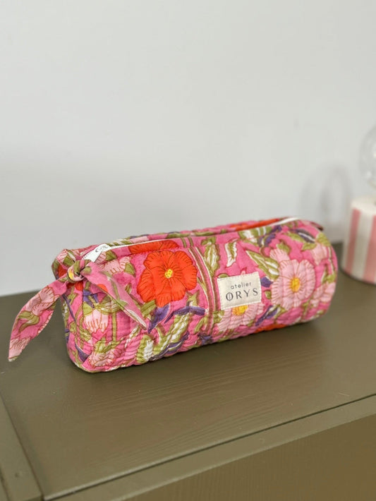 Trousse scolaire matelassée en tissu fleuri blockprint modèle Olympe Rosa